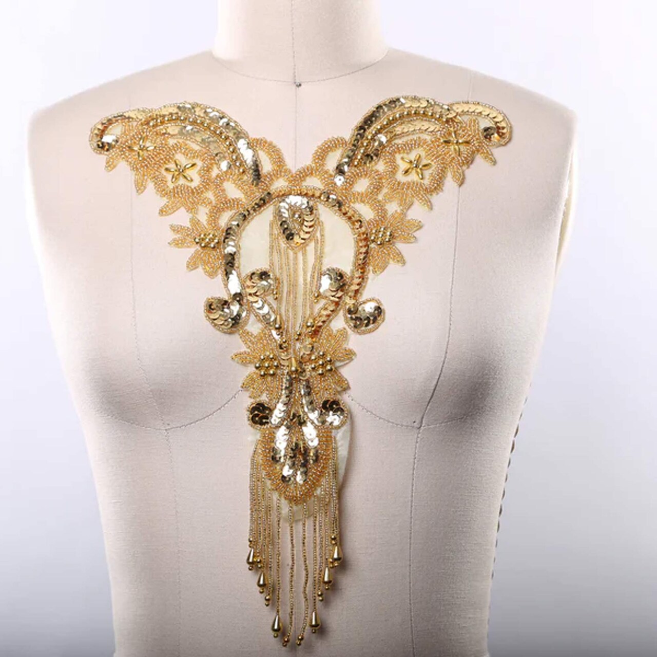 Gold Oversized Beaded Neckline Applique with Fringe for Costumes and Dresses Hot Fix Patch
